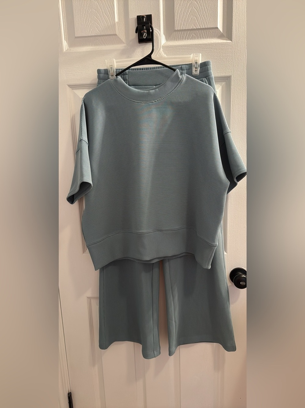 Zenana Women’s Relaxed Short Sleeve Top and lounge pants, wide leg in Dusty Blue